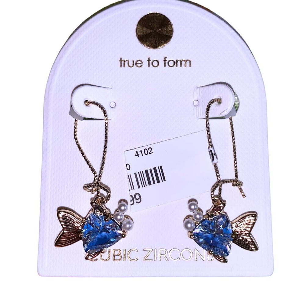 Gold Tone Blue Cubic Zirconia Fish Hook Dangle Earrings New with Tag